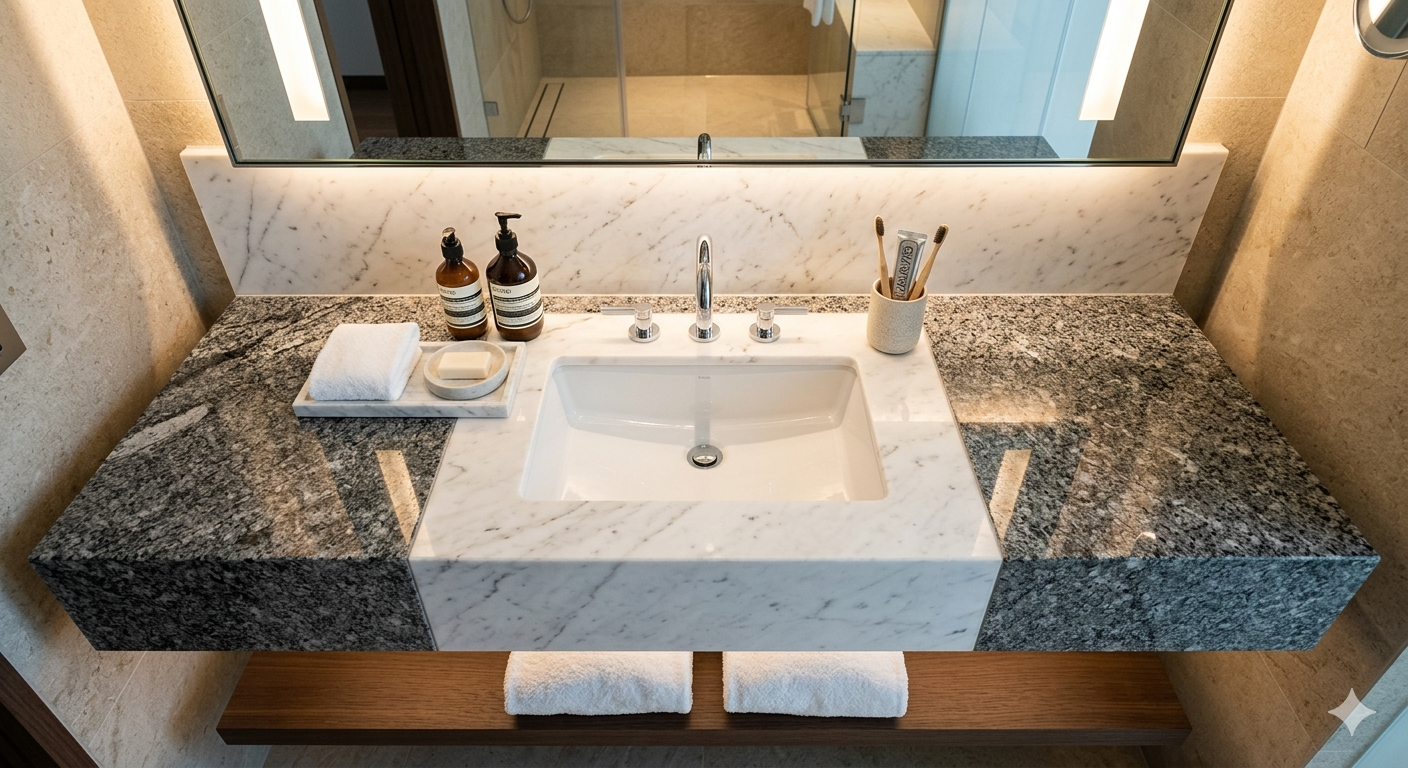 Hotel project bathroom with natural stone vanity - Hoàng Kha Stone