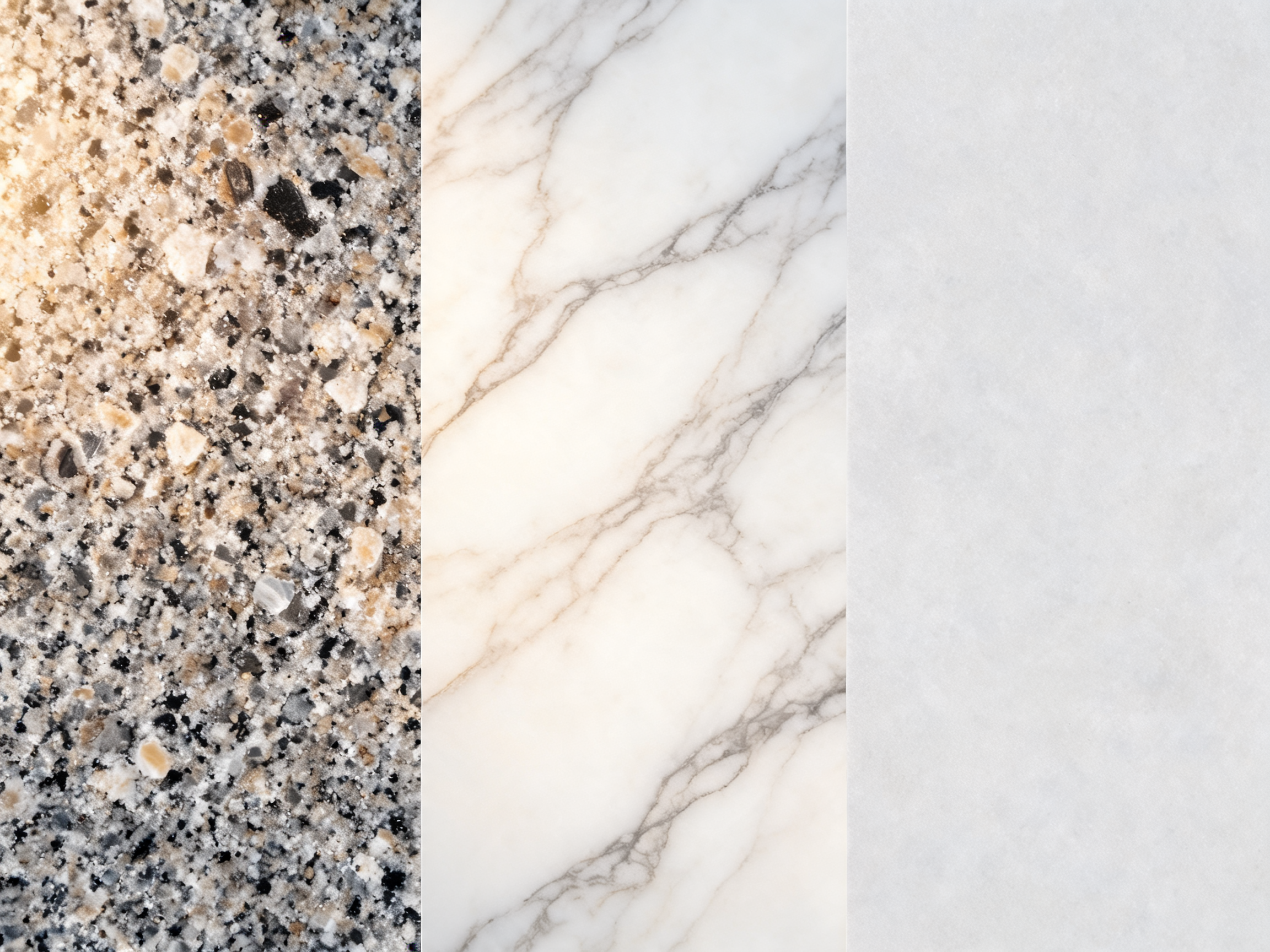 Side by side comparison of granite, marble, and quartz stone surface textures