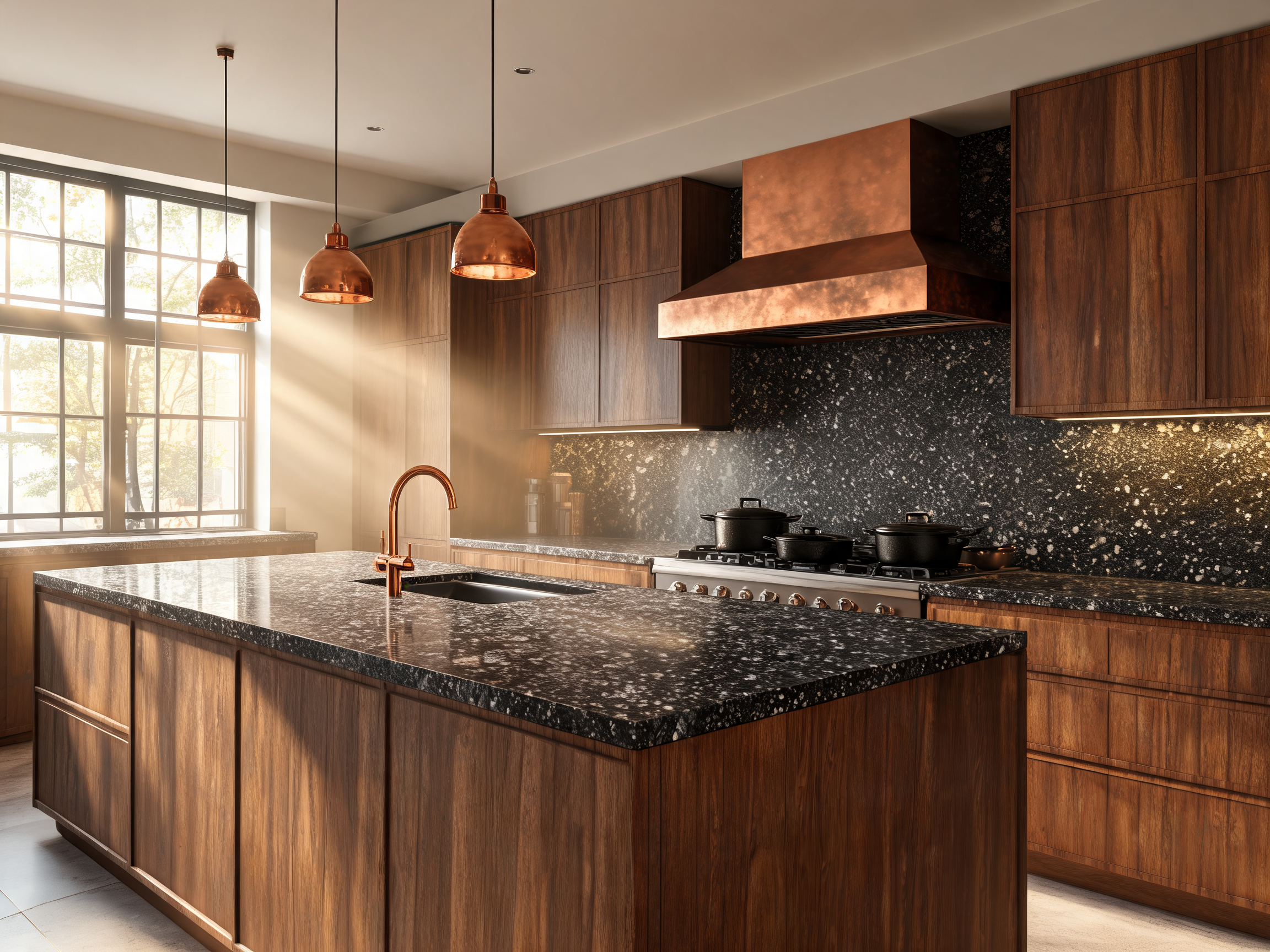 Granite kitchen countertop — dark speckled black granite in a modern rustic kitchen