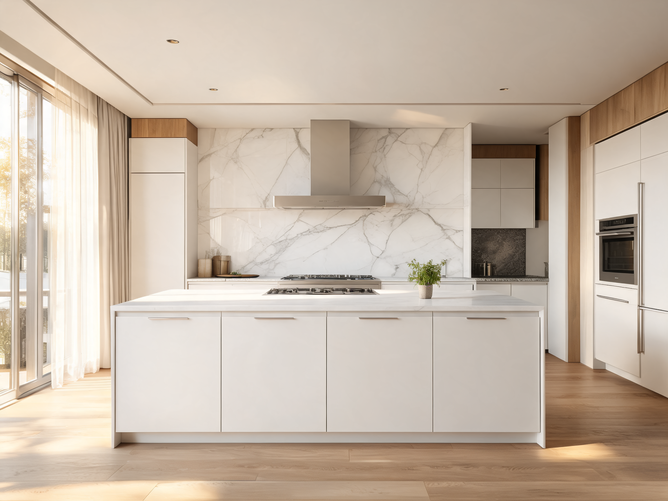 Marble kitchen countertop — white Calacatta marble with dramatic grey veining in a luxury kitchen